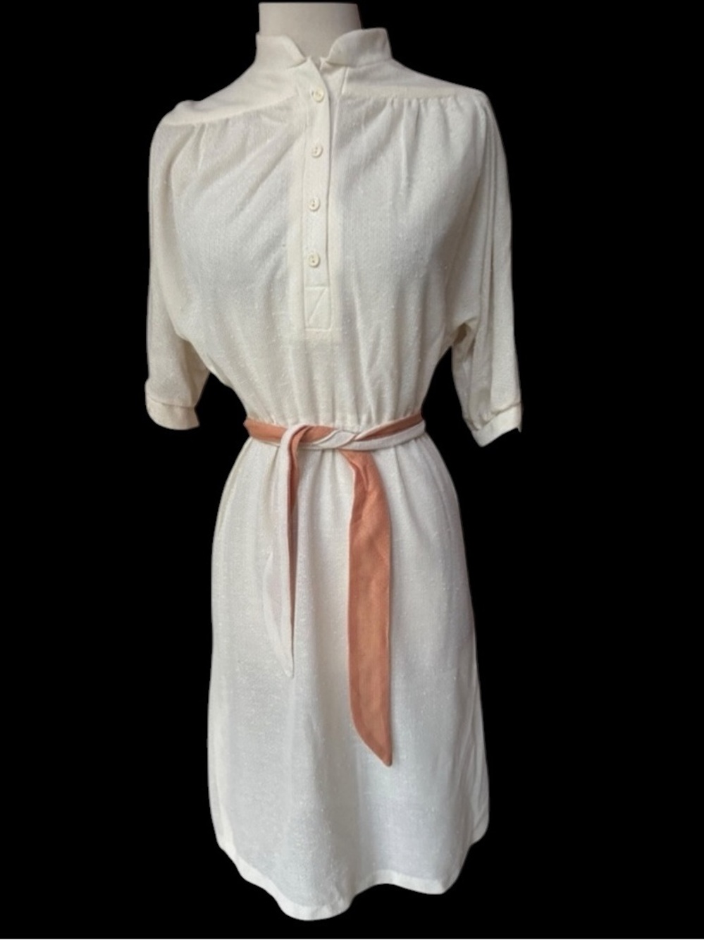 Deadstock 1970s Off White, Semi-Sheer, Lightweight, Poly Knit Shirt Dress w/Cont